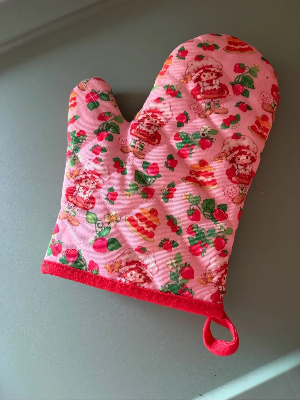 Pink Strawberry Print Oven Mitt with Ruffle Trim - Cute Kitchen Accessory